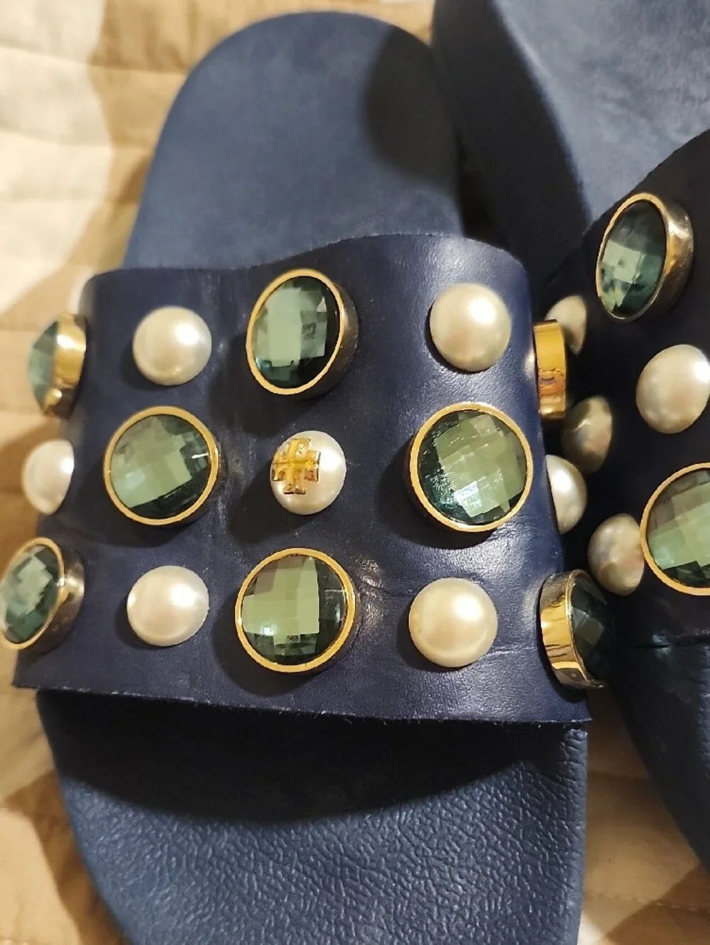 Tory Burch Navy Slide Sandals with Green Gems & Pearl Accents